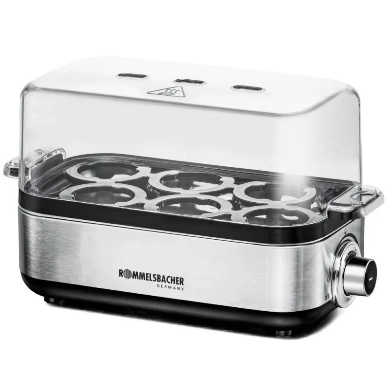 Eierkocher Rommelsbacher ER 600 — elektrischer Eierkocher, Kapazität 6 Eier, 400 W, Edelstahl, transparenter Deckel