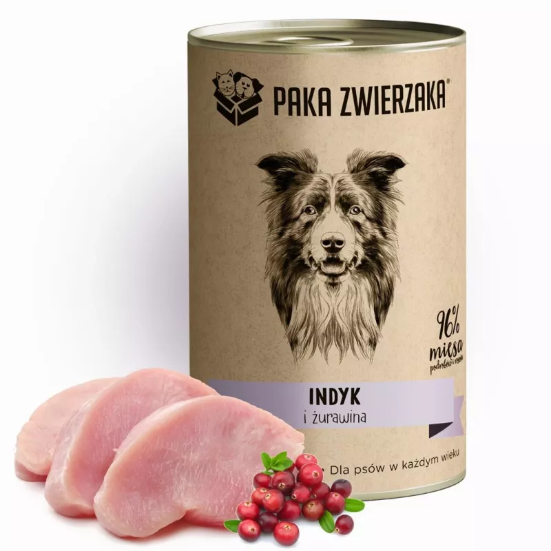 Nassfutter für Hunde PAKA ZWIERZAKA Truthahn und Preiselbeeren 400 g Dose, Monoprotein, gluten- und sojafrei
