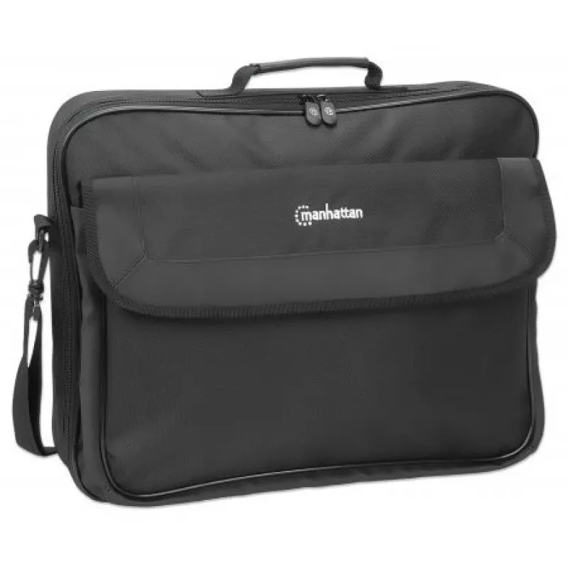 Manhattan Cambridge Laptoptasche 17,3 Zoll, Clamshell-Design, Schwarz, LOW COST, Zubehörfach, Dokumentenfach auf der Rückseite, Schultergurt (abnehmbar), entspricht Targus CN418EU, Notebook-Tasche, drei Jahre Garantie