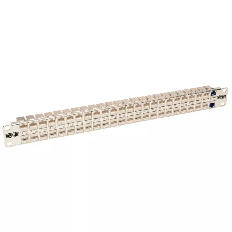 Tripp N254-048-SH-6A 48 Ports 1 HE Rackmontage geschirmtes Cat6a STP Durchgangs-Patchpanel - RJ45 Ethernet - TAA - 10 Gigabit Ethernet - RJ-45 - Cat6a - Silber - Weiß - Rackeinbau