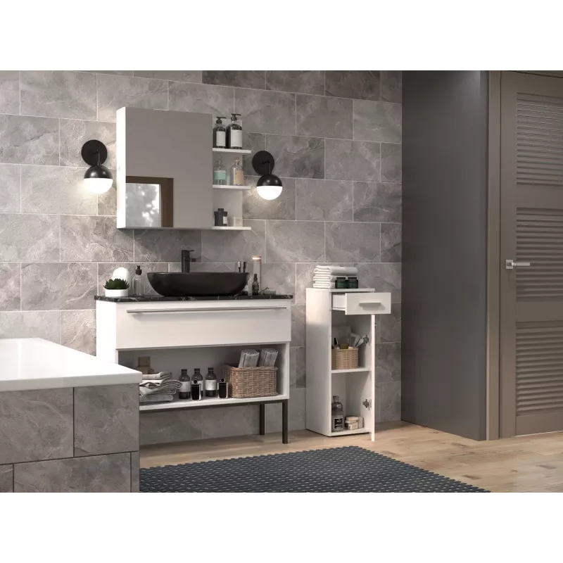 Badezimmer-Standschrank top e shop NEL V DS BIEL POŁ — freistehend, 3 Einlegeböden, 300×300×850 mm, weißes Gestell