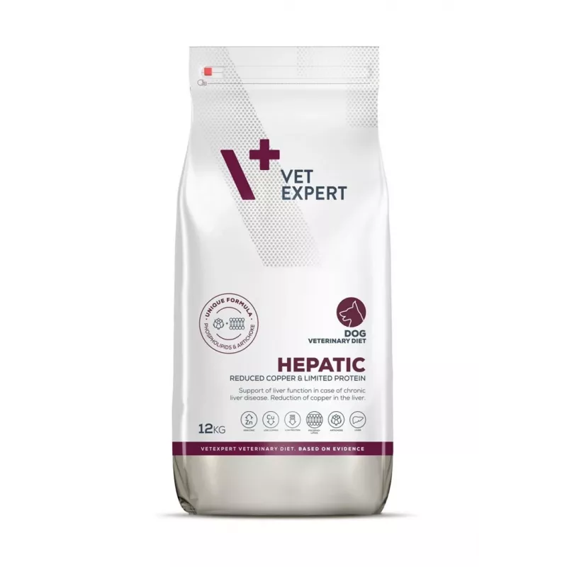 Trockenfutter für Hunde VETEXPERT Veterinary Diet Hepatic 12 kg — diätetische Ernährung zur Leberunterstützung, Fleischgeschmack, für ausgewachsene Hunde 10–15,9 kg