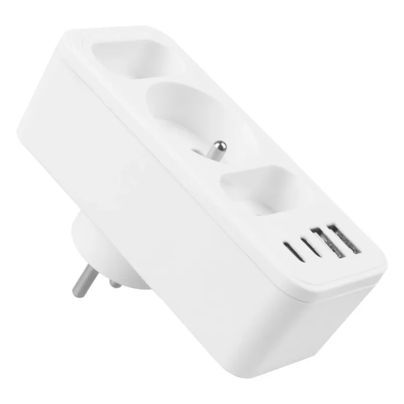 Power-Splitter MACLEAN MCE248 F/W — 3 AC-Steckdosen (1×16A, 2×6A) + 4×USB (2×A, 2×C PD 20W), EU-Stecker, weiß
