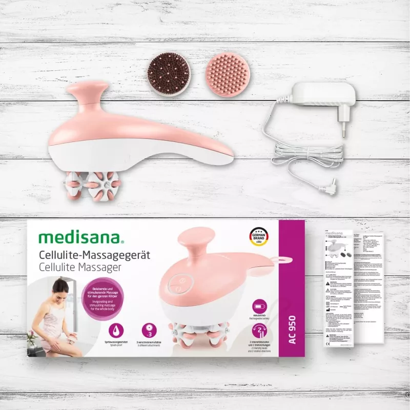 Handrollmassagegerät Medisana AC 950 — kabellos Li‑Ion, 2 Leistungsstufen, ergonomische Griffe, 381 g, roségold/weiß