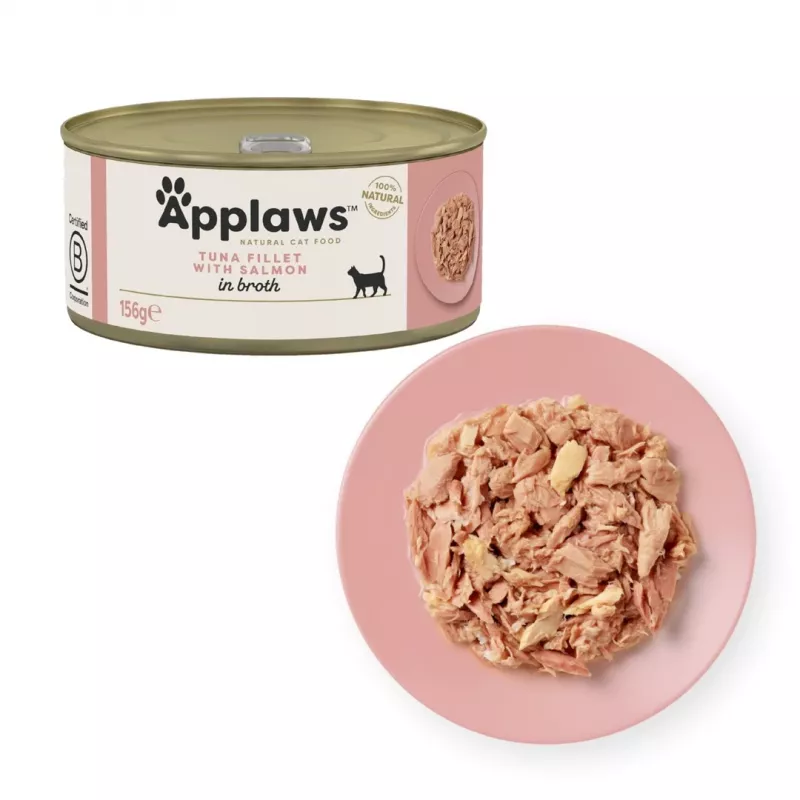 Nassfutter für Katzen Applaws Thunfischfilet mit Lachs in Brühe — Beutel 156 g, 15 % Protein, 80 % Feuchtigkeit