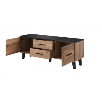 TV-Schrank Cama Meble LOTTA 140 cm — Rahmen Wotan-Eiche, schwarze Spanplatten-Oberfläche, 1400×400×530 mm