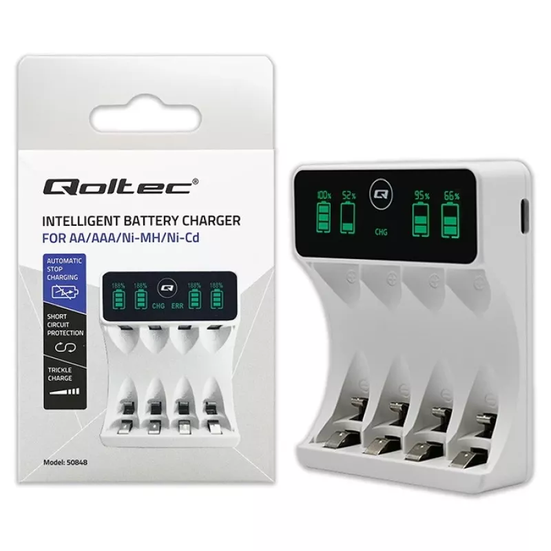 Batterieladegerät QOLTEC 50848 für NiMH AAA (R03) und AA (R6) Zellen mit LCD-Anzeige