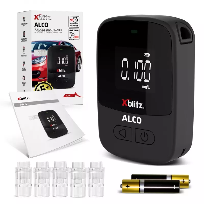Tragbarer elektrochemischer Alkoholtester Xblitz ALCO – BAK 0–4 %, Genauigkeit 0,05 %, LCD, 5 Mundstücke, 2×1,5-V-Batterien