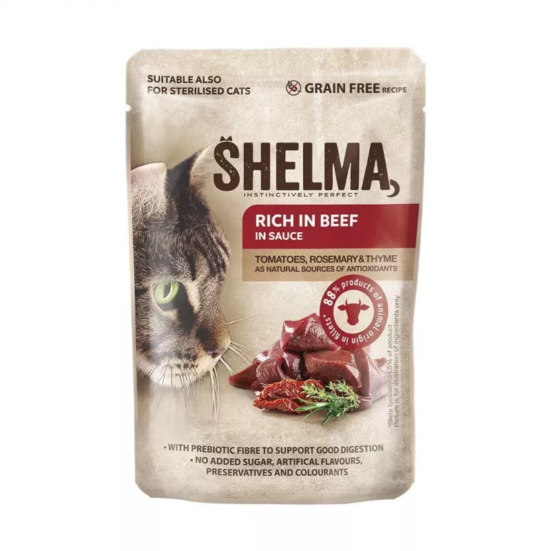 Nassfutter für Katzen SHELMA Multipack 4×85 g – Alleinfuttermittel für ausgewachsene Katzen, Huhn, Pute, Rind, Ente, getreidefrei