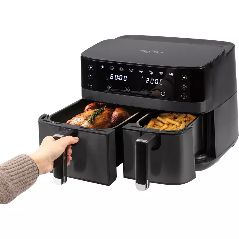 Doppel-Heißluftfritteuse ProfiCook PCFR1295H — 2 Behälter (5,5 L + 3,5 L), 9,0 L gesamt, 2700 W, Edelstahlfront