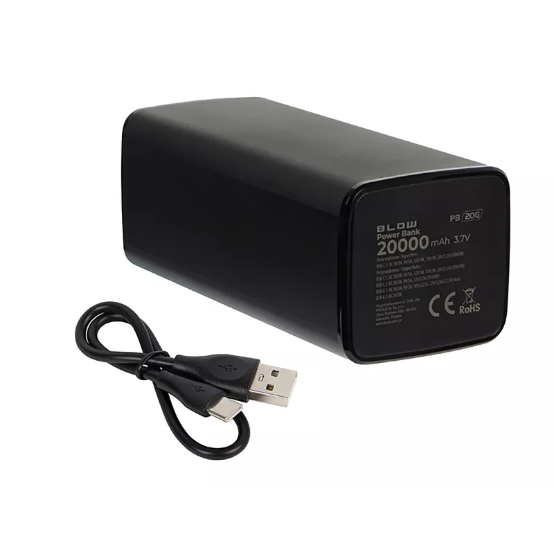 Tragbare Powerbank BLOW PB20G 20000mAh PD 65W, USB-C Ein-/Ausgang, 2x USB-A Ausgänge, schwarz