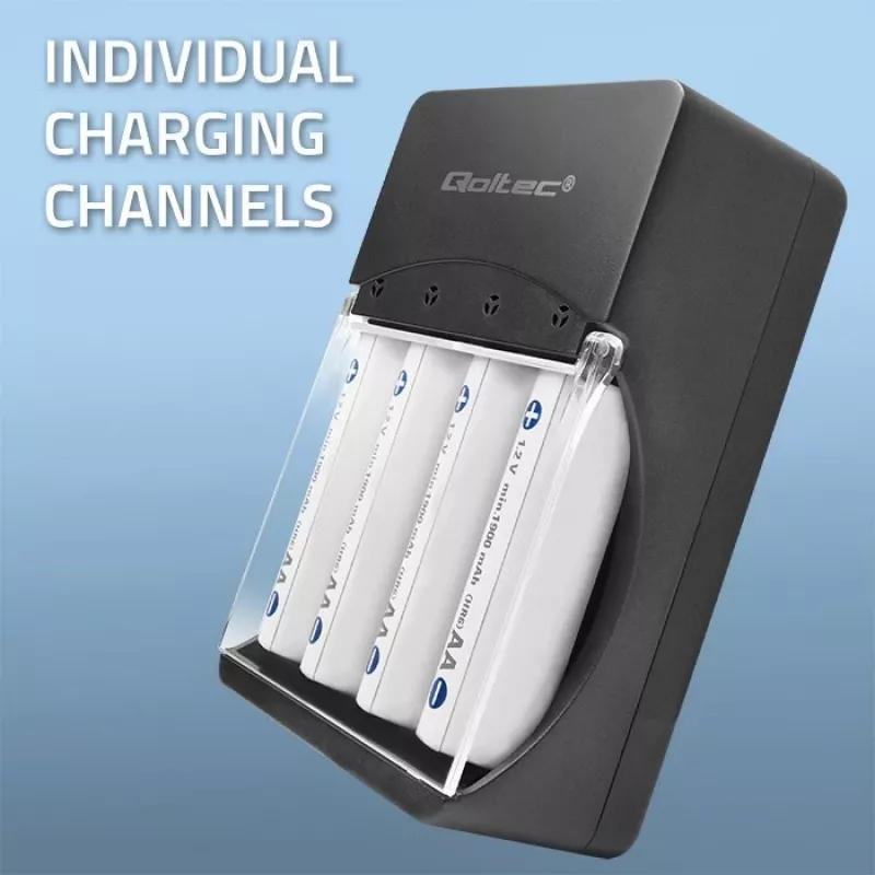 Batterieladegerät QOLTEC 50653 für Ni-MH AAA (R03) und AA (R6) Akkus, 220–240 V Eingang, 1,2 V Ausgang