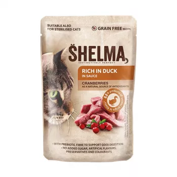 Nassfutter für Katzen SHELMA Multipack 4×85 g – Alleinfuttermittel für ausgewachsene Katzen, Huhn, Pute, Rind, Ente, getreidefrei