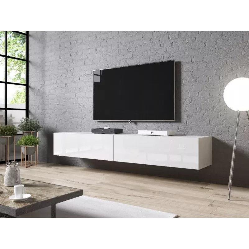 TV-Ständer cama meble SLIDE 200 — 2000×400×300 mm, weiße Hochglanz-MDF-Platte, weißes Gestell