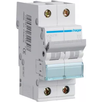 Hager MCN216. Polzahl: 2P. Netzfrequenz: 50/60 Hz, Bemessungsausgangsstrom: 16 A. Breite: 35 mm, Tiefe: 70 mm, Höhe: 83 mm (MCN216)