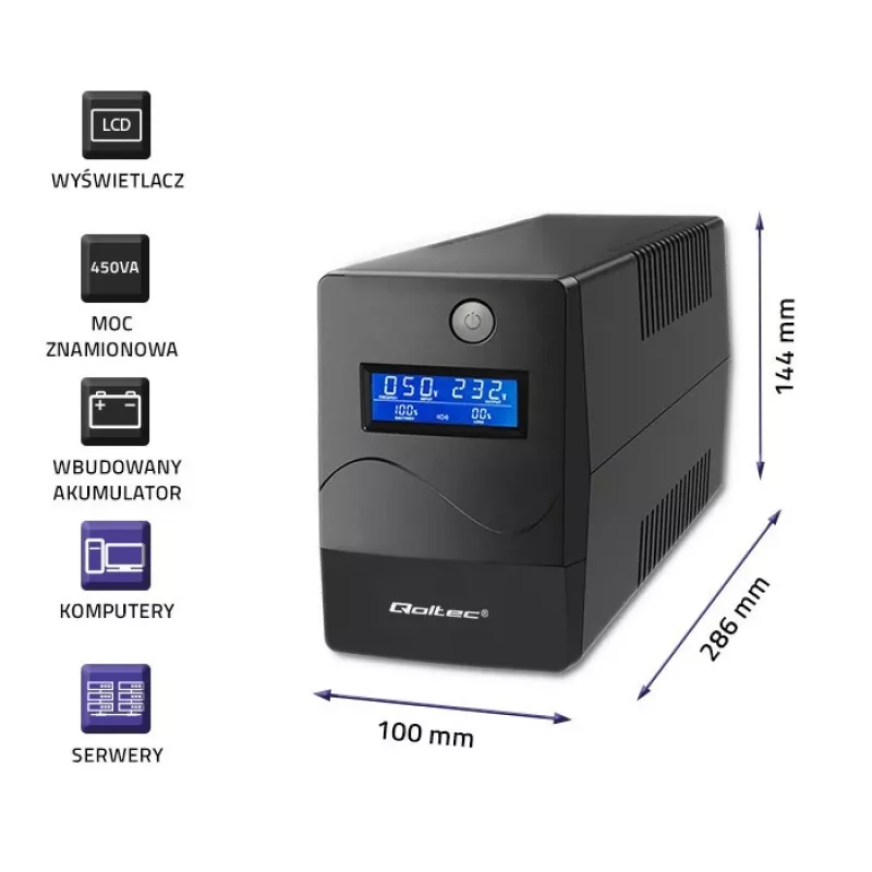 Qoltec Monolith USV (unterbrechungsfreie Stromversorgung) Doppelwandlung (Online) 0,45 kVA 240 W 2 Steckdosen