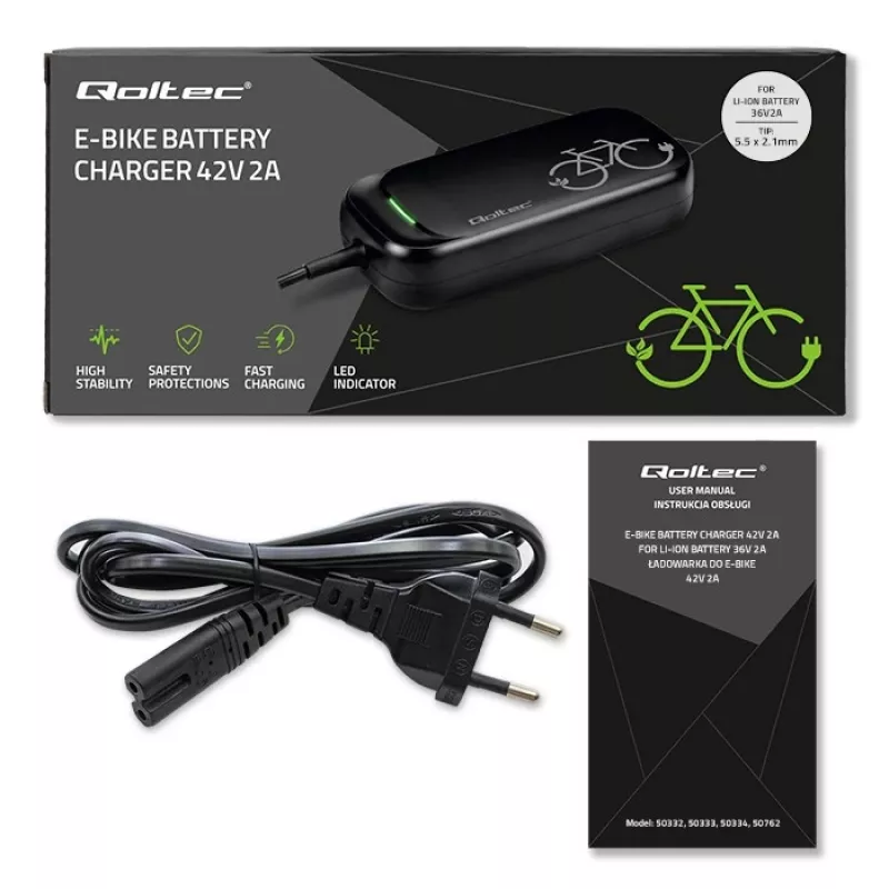 E-Bike-Ladegerät QOLTEC 50332 — 36V/42V Ausgang, 2A, 5,5×2,1 mm Stecker