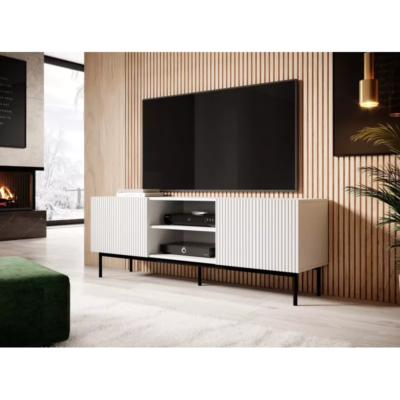 PAFOS RTV-Schrank auf schwarzer Stahlrahmen 150x40x60 cm weiß matt