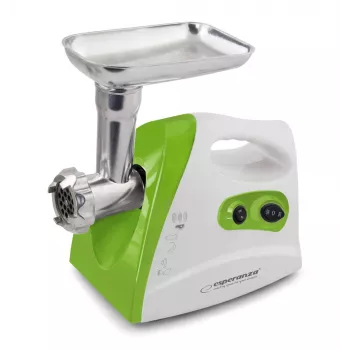 Fleischwolf ESPERANZA EKM012G — 600 W, Edelstahlklinge, Wursthorn, Kebbe-Aufsatz, Rückwärtslauf, rutschfeste Füße, weiß/grün