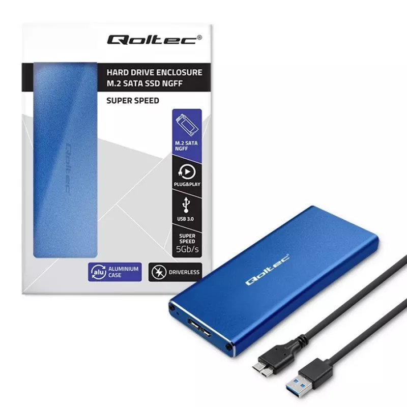 SSD-Gehäuse QOLTEC 51832 — externes M.2 SATA, USB 3.0, bis zu 2 TB, blau, unterstützt 30-mm-Laufwerke, 4 Steckplätze