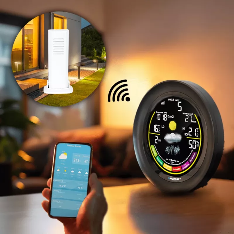 Wetterstation BLAUPUNKT WS35BK APP – LCD-Anzeige, Temperatur & Luftfeuchtigkeit, Alarm, Kalender, App-Konnektivität, 94×94×27 mm