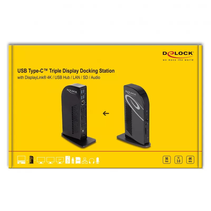 DeLOCK USB Type-C Triple Display Docking Station 4K USB Hub LAN Audio PD 96W