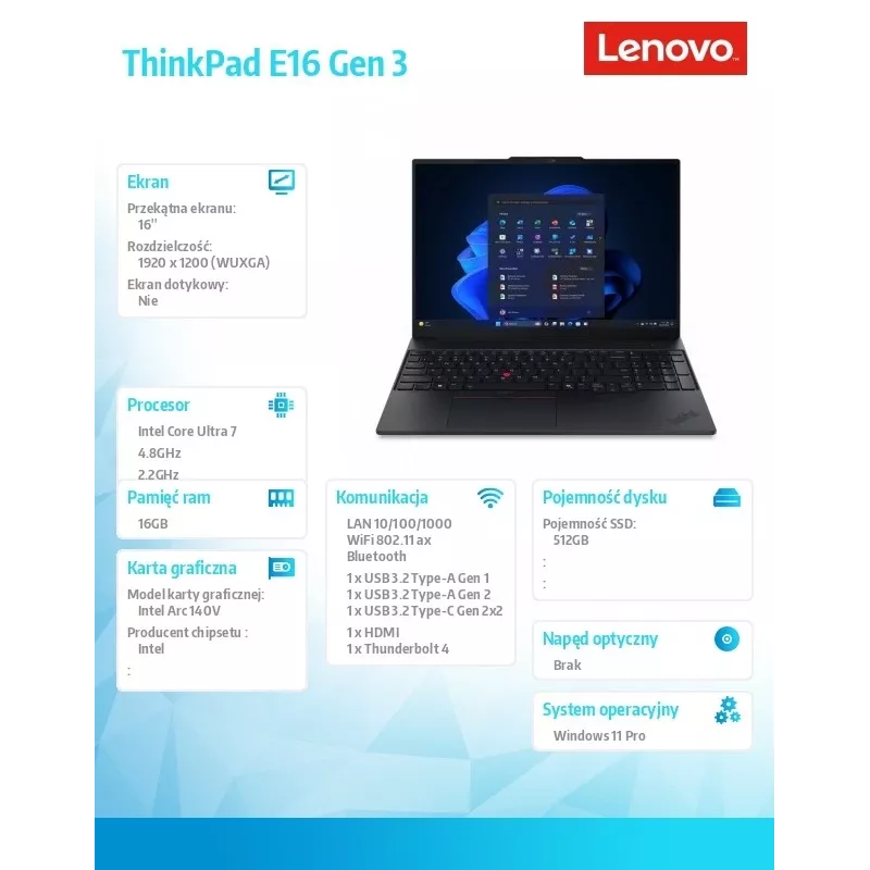 Laptop Lenovo ThinkPad E16 G3 22AY001SPB — Intel Ultra 7, 16,0 inch WUXGA, 16 GB RAM, 512 GB SSD, Windows 11 Pro, Schwarz, 1 Jahr Garantie