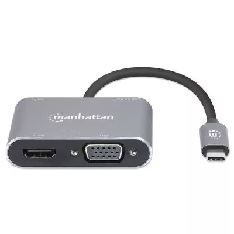 Manhattan USB-C Dock/Hub, Anschlüsse (x4): HDMI, USB-A, USB-C und VGA, mit Power Delivery (PD) 87W – externes USB-C-Ladegerät erforderlich (nicht im Lieferumfang). USB-betrieben (kein externes Netzteil erforderlich), wenn PD nicht verwendet wird, Aluminium