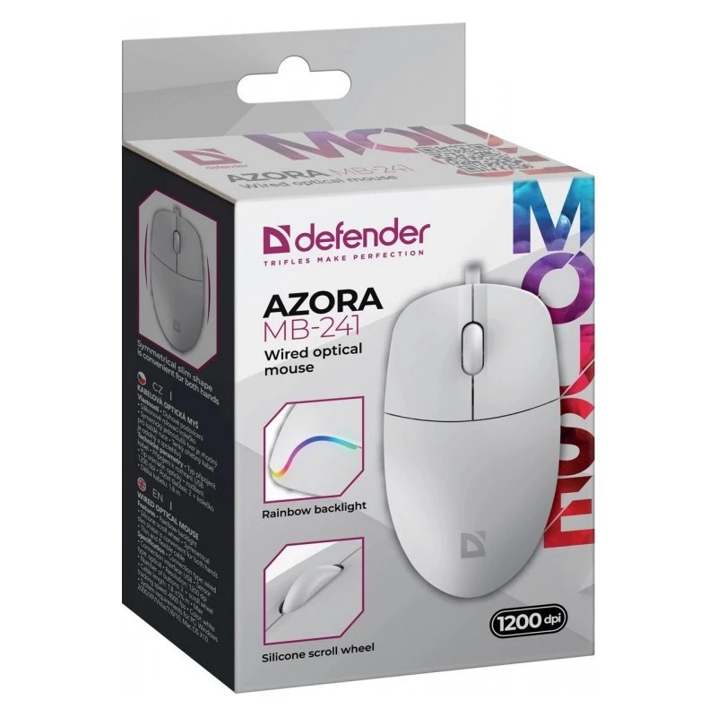 Kabelgebundene Maus DEFENDER AZORA MB-24 — beidhändige optische USB-Maus, 1200 dpi, 3 Auflösungsmodi, weiß, 109×86×34 mm