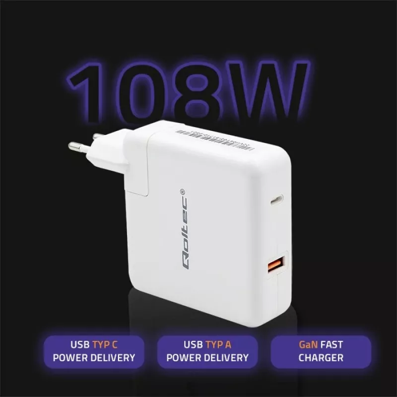 Qoltec GaN Charger FAST 108W | 5-20V | 3-4.7A | USB C | Weiß