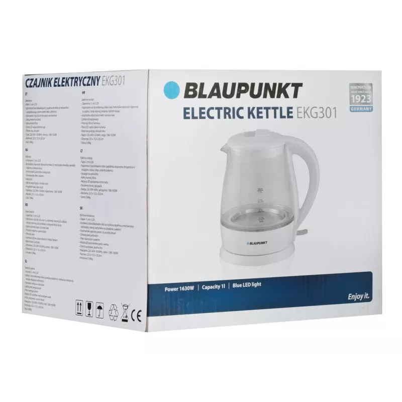 Elektrischer Wasserkocher BLAUPUNKT 1 L 1630 W Weiß — Glaskörper, 360°-Basis, Tastenöffnung