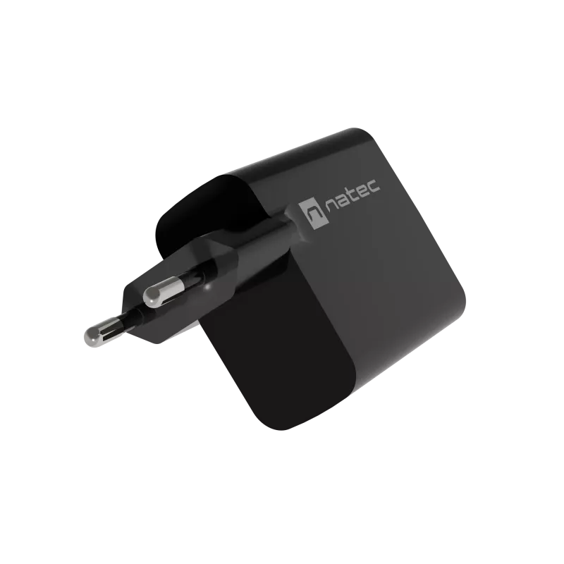 Kabelgebundes Mobilgeräte-Ladegerät NATEC NUC-2143, 45 W, USB-C PD 3.0 + USB-A QC 3.0, 110–240 V, Schwarz