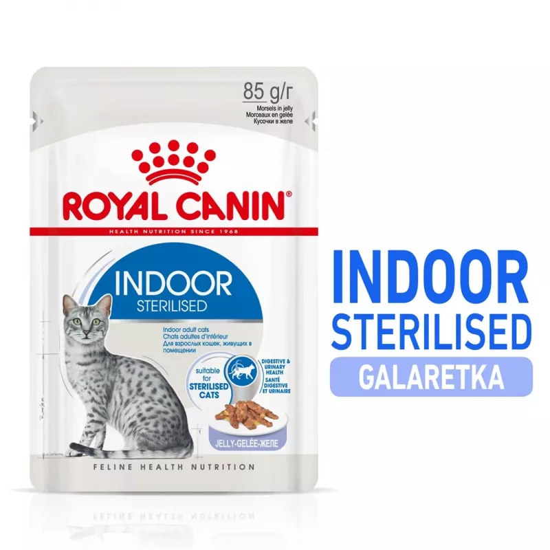 Nassfutter für Katzen Royal Canin Indoor Sterilized 85 g Beutel — ausgewachsene kastrierte Wohnungskatzen, Geflügelgeschmack, Packung 12 x 85 g
