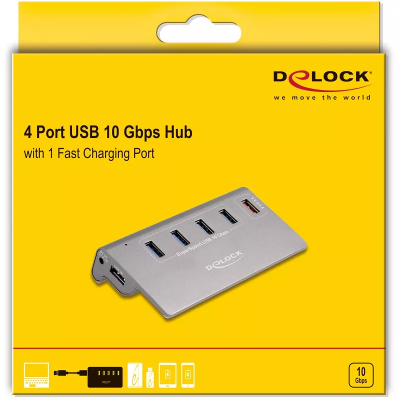 DeLOCK USB-Hub 10 Gbit/s 4 Typ-A-Anschlüsse 1 Schnellladeanschluss