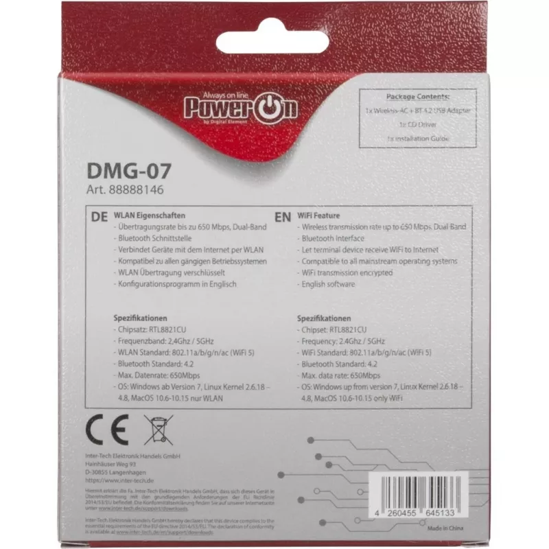 Inter-Tech DMG-07 – Wireless – USB – WLAN / Bluetooth – Wi-Fi 5 (802.11ac) – 650 Mbit/s – Schwarz (88888146)
