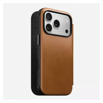 Folio-Hülle Nomad Modern Leather Folio für iPhone 17 Pro, Leder + Aluminium, 6,3 Zoll (16 cm), Tan, 3 Kartenfächer