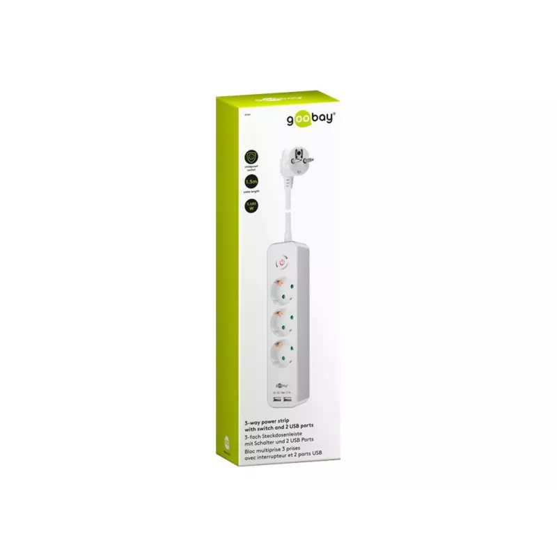 Goobay 3-fach Mehrfachsteckdose mit Schalter und USB, 1,5m Kabel, Typ F