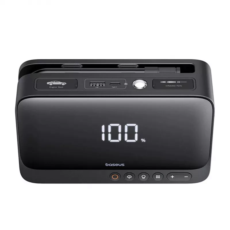 Tragbares Ladegerät Baseus Super Energy 6000 mAh – Starthilfe, LiPo 6000 mAh, 300 A Startstrom, 150 PSI, integriertes Display & Taschenlampe, USB-C + USB-A, schwarz