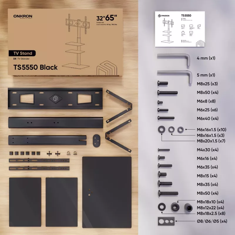 TV-Standfuß ONKRON TS5550-B für 32–65 Zoll (81,3–165,1 cm), max. Belastung 30 kg, VESA 100x100–600x400, Höhe 880–1080 mm, schwenkbar ±25°