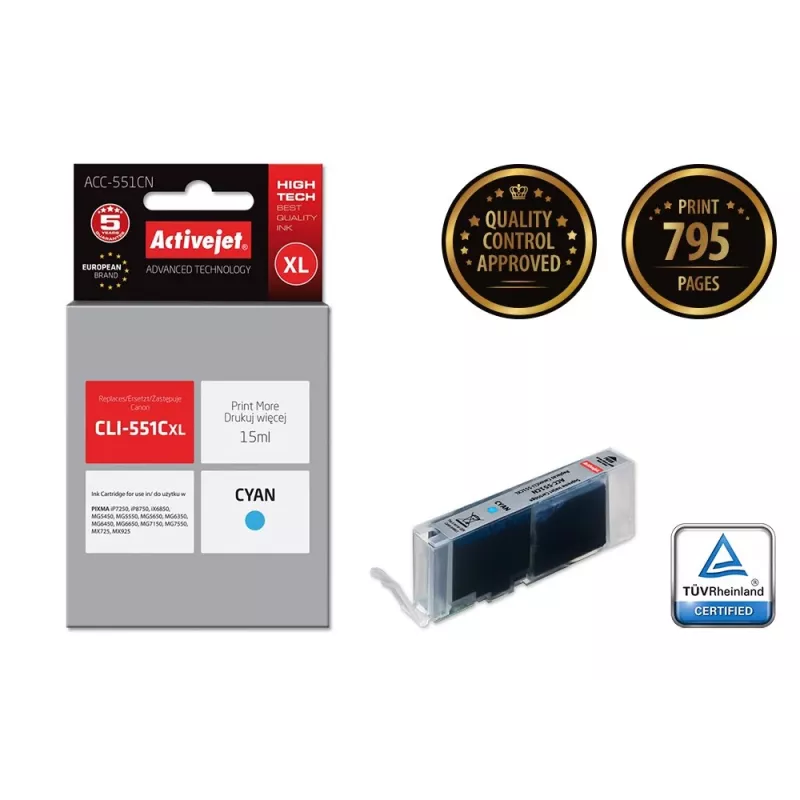 Activejet ACC-551CN Tintenpatrone (Ersatz für Canon CLI-551C; Supreme; 15 ml; Cyan)