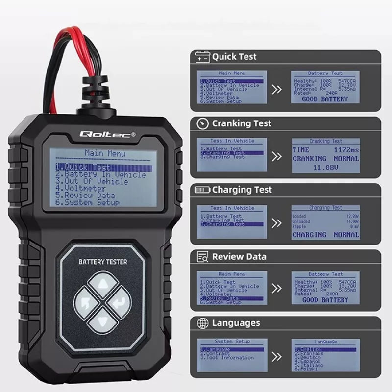 Qoltec Digitaler Batterietester mit LCD | Polnisches Menü | 12V | AGM | GEL | STD | 30-220AH