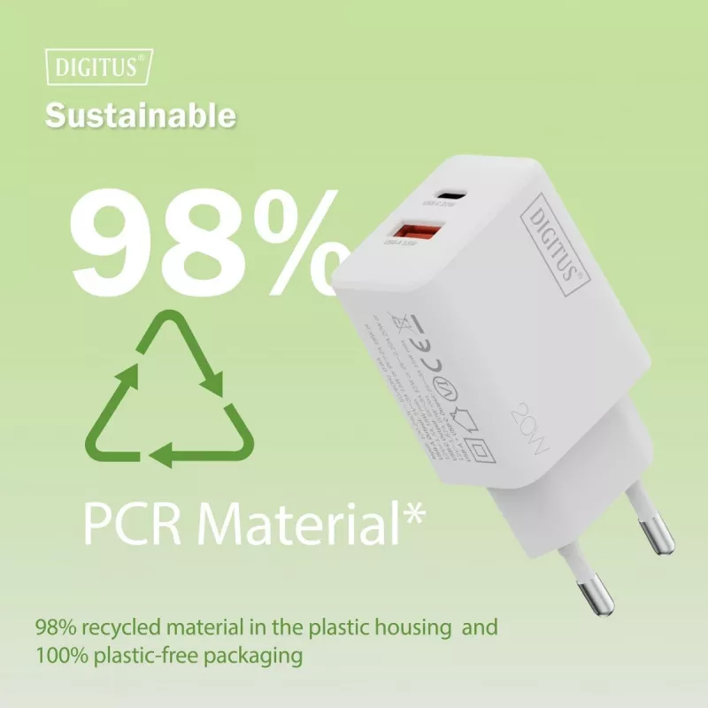 AC USB-Ladegerät DIGITUS 20W, 1x USB-C, 1x USB-A, Eingang 100–240V, Weiß