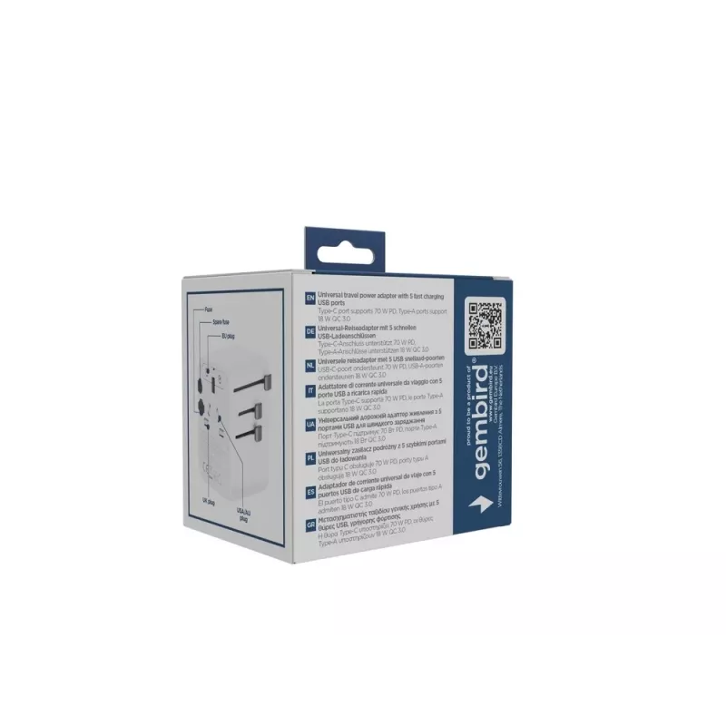 Reiseadapter GEMBIRD TPA-2A3C70-01-W – Steckertyp I, 3× USB-C (70 W), 2× USB-A (18 W), 100–250 V, weiß