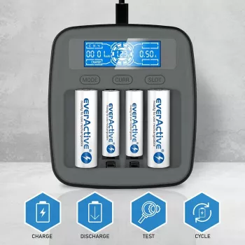 Batterieladegerät everActive NC1000MV2 – Ni-MH 4-Schacht USB-C Ladegerät, 4 Zellen, 5V, schwarz, 110×99×38 mm