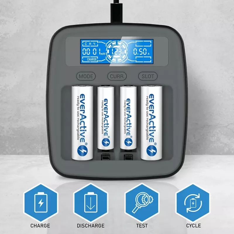 Batterieladegerät everActive NC1000MV2 – Ni-MH 4-Schacht USB-C Ladegerät, 4 Zellen, 5V, schwarz, 110×99×38 mm