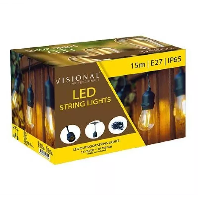VISIONAL LED-Gartenlichterkette mit 15 E27-Fassungen, 15 m Länge, 1 m Abstand, schwarzes Kabel (H05VV-F 2x0,75)