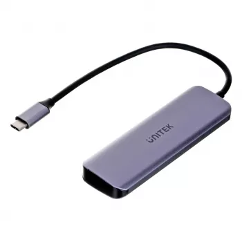 USB-Hub Unitek P5+ — 5 Ports (4 × USB 3.2 Gen 2 Typ-A), USB 3.2 Gen 1 Host, 5 Gbit/s, 10 W PD, Aluminium, Grau