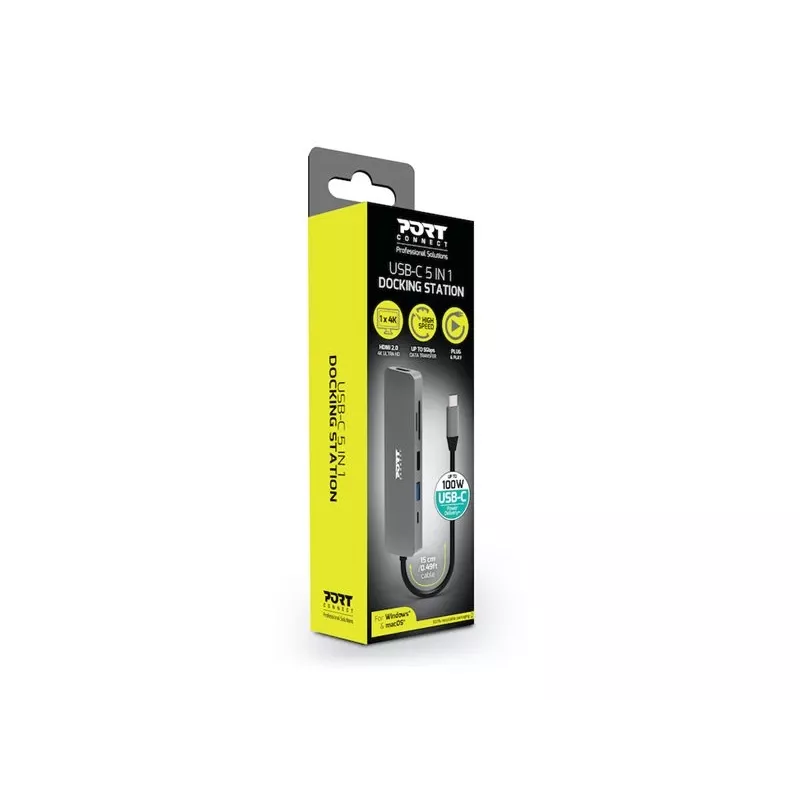 Schnittstellen-Hub Port Designs 900162 USB Typ-C — USB Typ-C Ausgang, 3840x2160@60Hz, 20V/5A Eingang, 117×34×13 mm, silber
