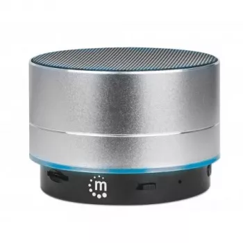 Manhattan Metallic Bluetooth-Lautsprecher, spritzwassergeschützt, Reichweite 10 m, microSD-Kartenleser, Aux 3,5 mm Anschluss, USB-A Ladekabel im Lieferumfang (5V-Ladung), Silber, Drei Jahre Garantie