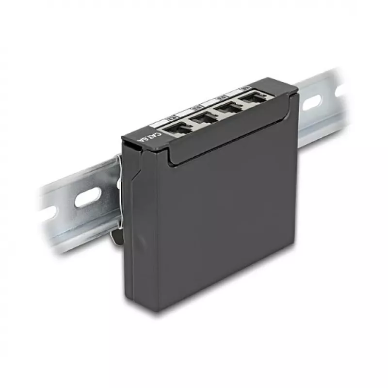 Patchfeld DELOCK Mini Desktop RJ45 4-Port Cat.6A geschirmt schwarz, Metall, 90×22×93 mm